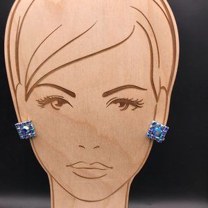 Blue AB Crystal Square Earrings, Vintage Art Deco Holiday Sparkle, Silver Tone